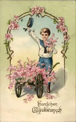Präge Ak Herzlichen Glückwunsch, Junge mit Blumenwagen