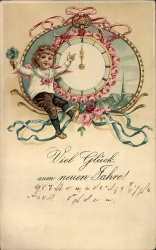Litho Viel Glück zum neuen Jahre, Engel, Uhr