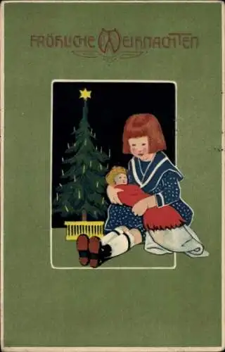 Präge Ak Fröhliche Weihnachten, Kind mit Puppe, Tannenbaum