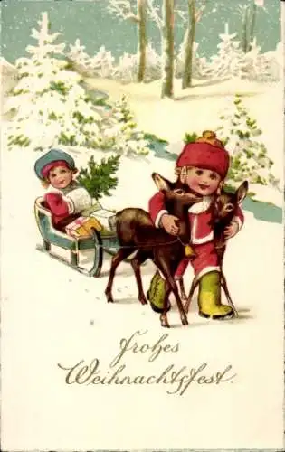 Ak Frohes Weihnachtsfest, Kinder mit Schlitten, Rehe