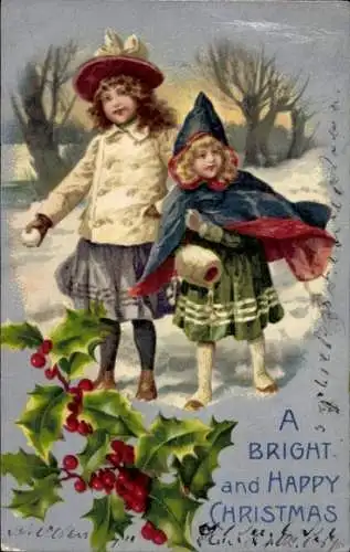 Ak Frohes Weihnachtsfest, Kinder im Schnee, Stechpalme