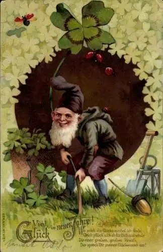 Litho Neujahrsglückwünsche, Zwerg, Kleeblätter