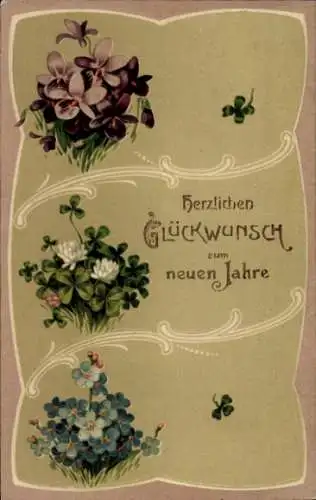 Ak Glückwunsch Neujahr, Glücksklee, Blumen