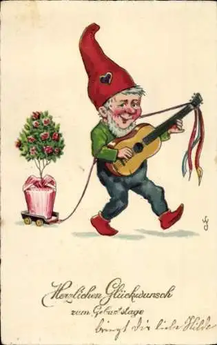 Ak Glückwunsch Geburtstag, Zwerg spielt Gitarre, Blumen