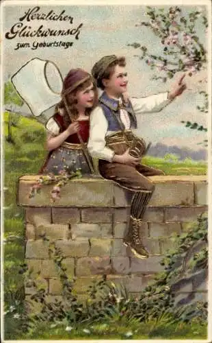 Ak Glückwunsch Geburtstag, Kinder, Mauer, Blühender Baum, Schmetterlingsnetz