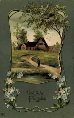 Passepartout Ak Frohe Pfingsten, Bauernhof