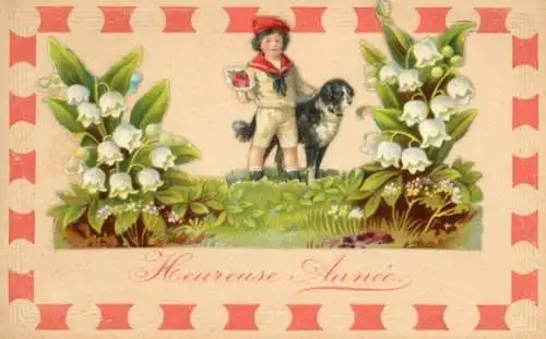 Ak Frohes Neujahr, Maiglöckchen, Kind mit Hund
