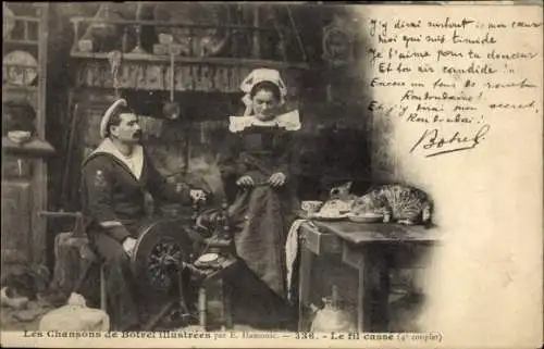 Ak Frau beim Spinnen in der Bauerstube, Matrose