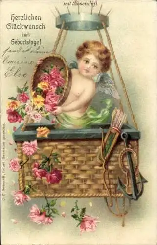 Ak Glückwunsch Geburtstag, Engel mit Blumenkorb in einem Ballonkorb
