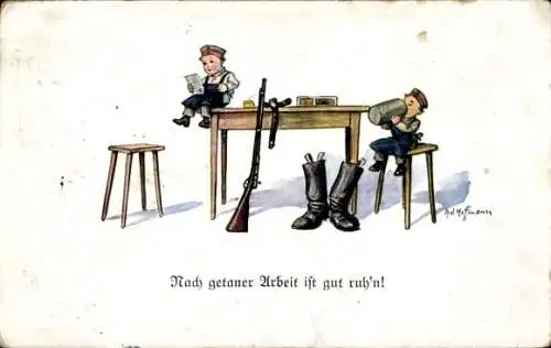 Künstler Ak Hoffmann, Ad., Nach getaner Arbeit ist gut ruh'n, Kinder als Soldaten