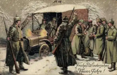 Ak Frohes Wiedersehen im Neuen Jahre, deutsche Soldaten, Feldpost mit Liebesgaben am Neujahrsmorgen