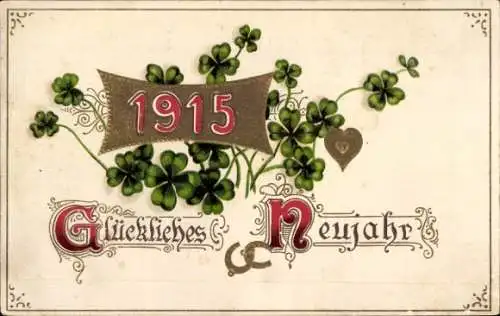 Präge Litho Glückliches Neujahr, 1914, Klee, Hufeisen