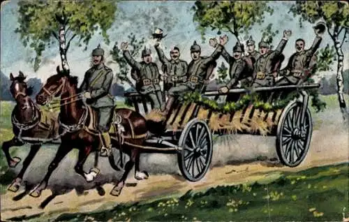 Ak Deutsche Soldaten auf einem geschmückten Festwagen, Pferdefuhrwerk