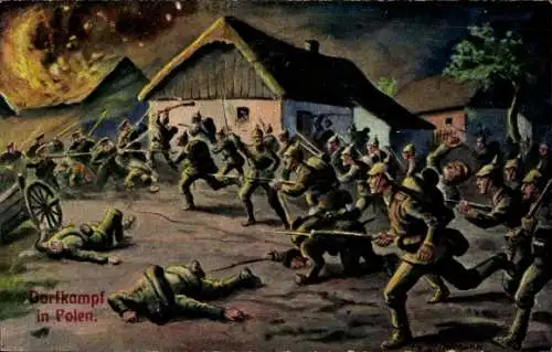 Ak Dorfkampf in Polen, Soldaten, brennendes Haus, 1. WK