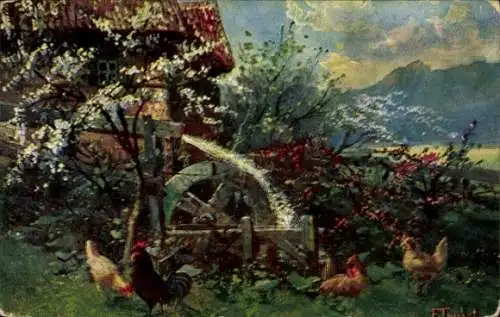 Künstler Ak Hühner vor einer Wassermühle, Mühlrad, Baumblüte