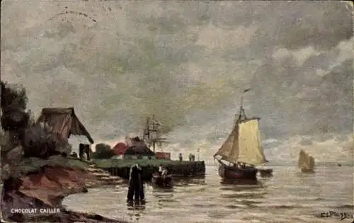 Künstler Ak Plasses, E. L., Uferpartie, Segelboote, Schokolade Cailler, Reklame