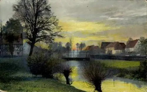 Ak Photochromie Nenke und Ostermaier, Dorfmotiv in der Dämmerung