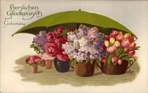 Künstler Ak Glückwunsch zum Geburtstag, Blumensträuße unter einem grünen Schirm, Meissner & Buch