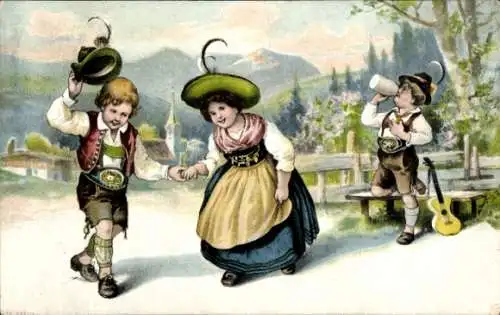 Ak drei Kinder in bayerischer Tracht, Tanz, Bierkrug