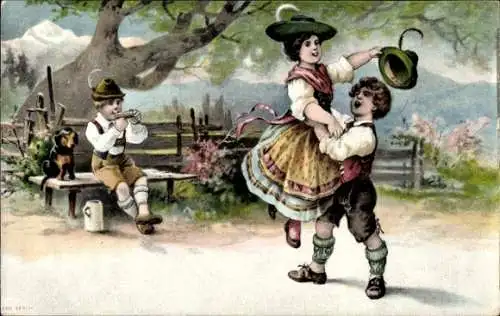 Ak Kinder in bayrischer Tracht, Tanz, Junge mit Mundharmonika, Dackel