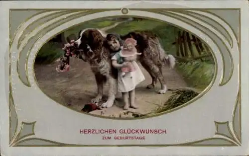 Passepartout Ak Glückwunsch Geburtstag, Mädchen, Hund, Puppe