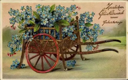 Präge Ak Glückwunsch zum Geburtstag, Vergissmeinnicht in einem Handwagen