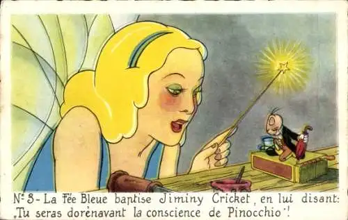 Künstler Ak La Fée Bleue baptise Jiminy Cricket, Tu seras dorénavant la conscience de Pinocchio