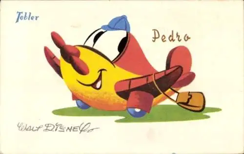 Künstler Ak Walt Disney, Pedro, vermenschlichtes Flugzeug, Reklame Tobler