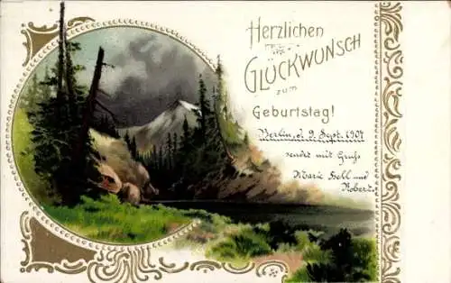 Litho Herzlichen Glückwunsch zum Geburtstag, Landschaftsmotiv im Gebirge