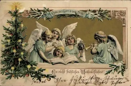Ak Frohe Weihnachten, Engel mit Tannenbaum, Ehre sei Gott in der Höh