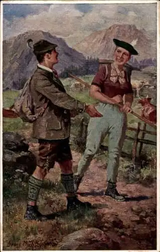 Künstler Ak Mühlberg, Georg, Oberlandler Trachten, Grüaß Gott!