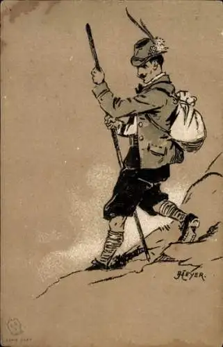 Präge Künstler Ak Heyer, Mann mit Gamsbart, Stock und Rucksack, Wanderer