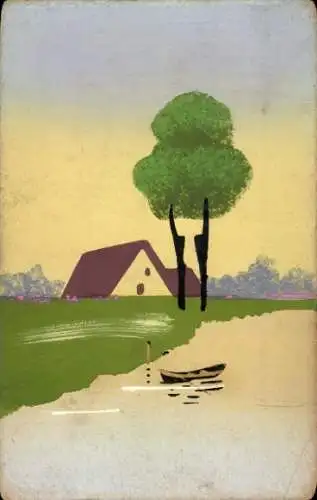 Handgemalt Ak Landschaftsmotiv, Haus am Wasser, Baum, Boot