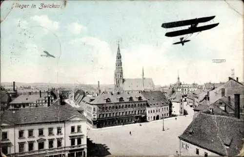 Ak Zwickau in Sachsen, Dopeldecker überfliegen die Stadt, Kirche