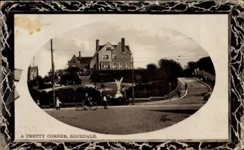 Ak Rochdale North West England, Haus mit Garten, Radfahrer, Straße, Kirche im Hintergrund, 