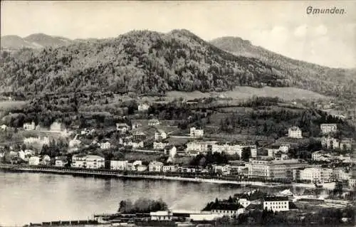 Ak Gmunden am Traunsee Salzkammergut Oberösterreich, Berge, Wohnhäuser, Wasseransicht, Schwarz-We