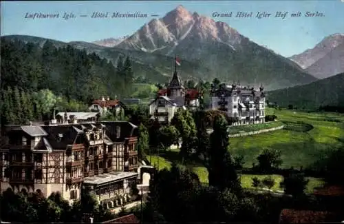 Ak Igls Innsbruck in Tirol, Luftkurort  Hotel Maximilian, Grand Hotel Igler Hof, Berge