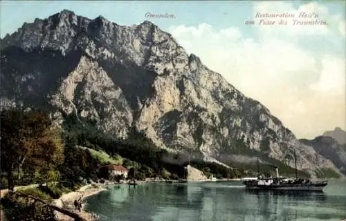 Ak Gmunden am Traunsee Salzkammergut Oberösterreich, Berg Traunstein, Restauration Hois'n, Dampfs