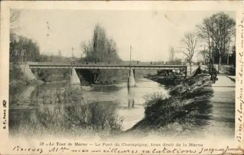 Ak Le Plant Champigny sur Marne Val de Marne, schöne Brücke, Fluss, Bäume, schwarz-weiß, 