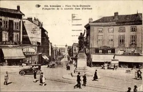 Ak Limoges Haute Vienne, Historische Ansicht, Platz Denis-Dussoubs, neue Gare d'Orléans, Café Vic