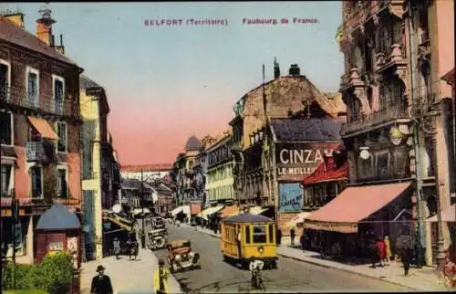 Ak Belfort Territoire, Faubourg de France, Geschäftsstraße, Straßenbahn