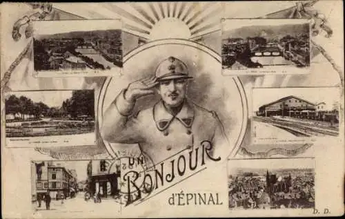 Ak Épinal Lothringen Vosges,  mit Soldat, mehrere Ansichten von  'Bonjour' Schriftzug
