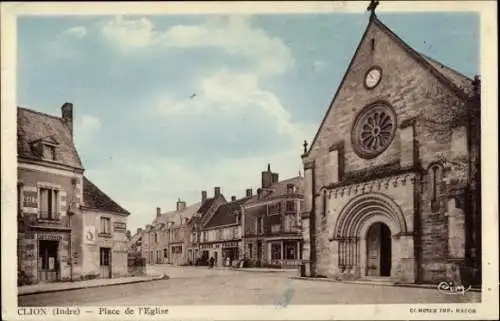 Ak Clion Indre, Platz vor der Kirche, Häuserzeile, Café,  Architektur