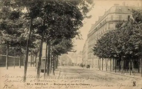 Ak Neuilly sur Seine, Saint James, Boulevard und Rue du Château, Stadtansicht, Bäume, alte Archit