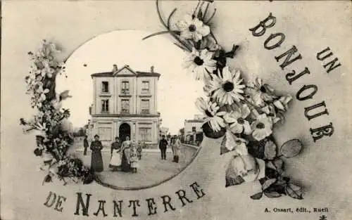 Ak Nanterre Hauts de Seine,  mit Blumenrand, Gebäude, Personen, Schriftzug 'Ein Gruß aus Nanterre