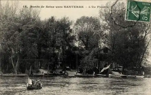 Ak Nanterre Hauts de Seine, Bords de Seine, L'Ile Fleurie, Boote auf dem Wasser, Bäume
