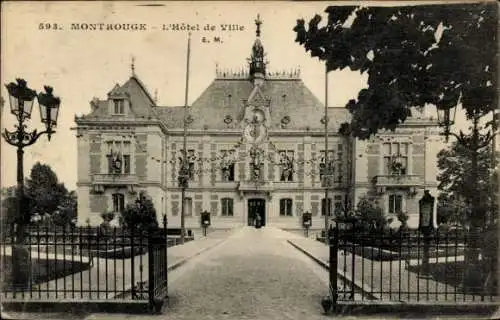 Ak Montrouge Hauts de Seine, Hôtel de Ville, Garten, dekorative Elemente, Schwarz-Weiß