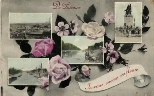 Ak Puteaux Hauts de Seine, Verschiedene Ansichten von  Rosen, Text 'Je vous envoie ces fleurs'