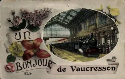 Ak Vaucresson Hauts de Seine, Bahnhofsszene, Dampflok, Blumen, nostalgischer Stil