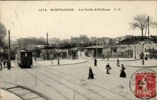 Ak Montrouge Hauts de Seine, Straßenbahn, nansicht, Menschen auf der Straße, Architektur